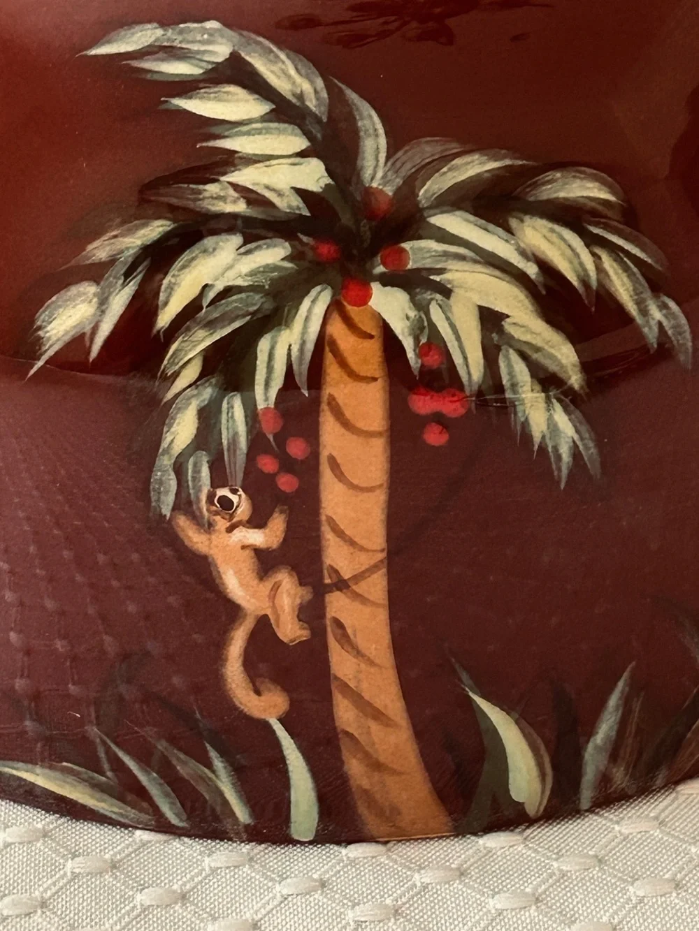 Hand-Painted Brown Ceramic Cheese Dome with Tropical Palm Motif with Monkey